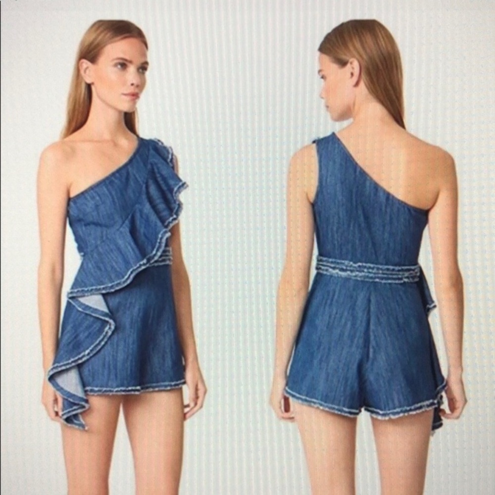 Alexis Denim One-Shoulder Ruffle Romper in Blue - Picture 2 of 9